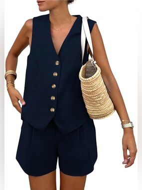 Navy 2 Piece Set Button Down V Neck Sleeveless Waistcoat Top & Shorts - Medium